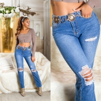 Blugi Sexy cu talie inalta aspect uzat Mom