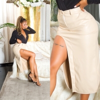 Fuste midi Sexy cu talie inalta piele ecologica crapatura pe picior