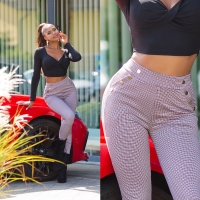 Pantaloni la moda cu talie inalta buzunare