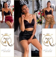 Pantaloni scurti Sexy cu talie inalta Paperbag piele ecologica