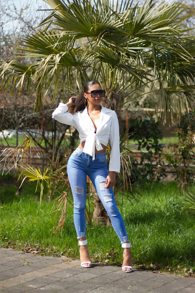 Blugi skinny Sexy cu talie inalta aspect uzat