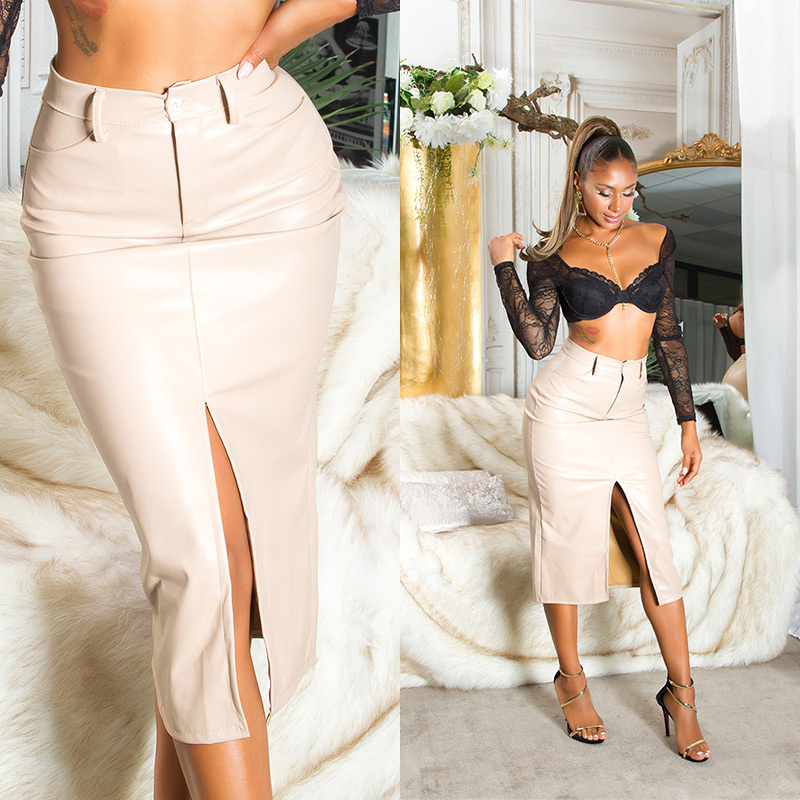 Fuste midi Sexy piele ecologica cu talie inalta crapatura