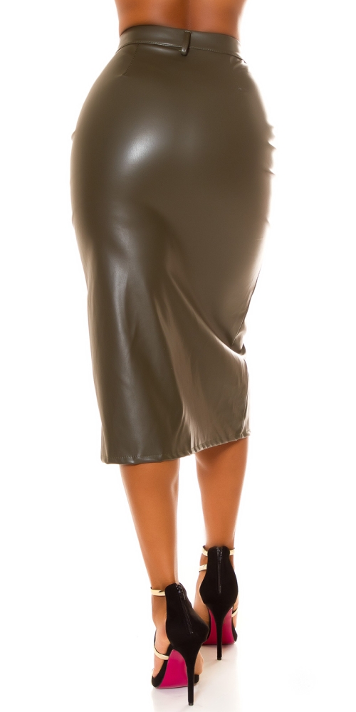 Fuste midi Sexy piele ecologica cu talie inalta crapatura