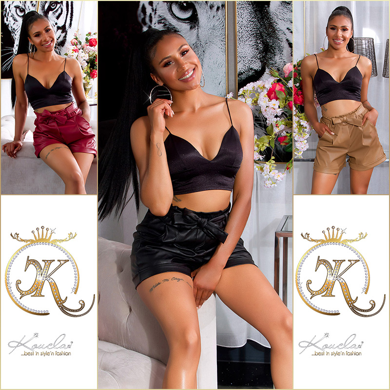 Pantaloni scurti Sexy cu talie inalta Paperbag piele ecologica