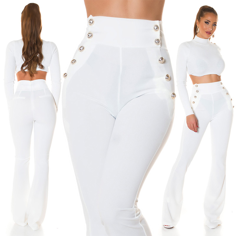 Pantaloni sexy cu talie inalta evazati auriu nasturi
