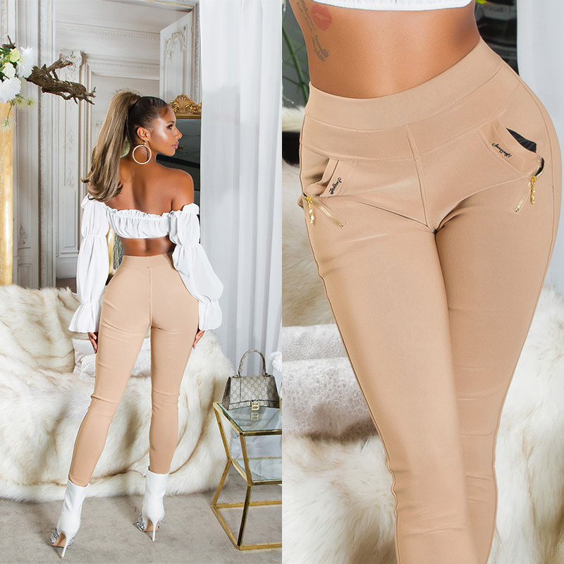 Pantaloni skinny talie inalta Sexy cu auriu fermoar