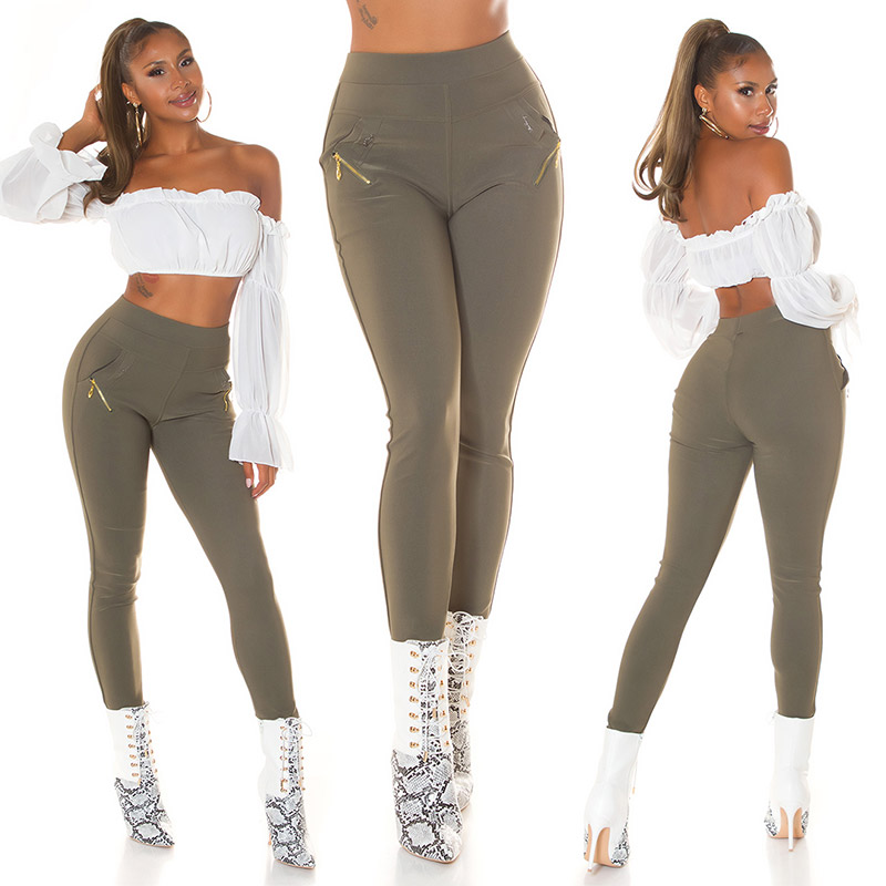 Pantaloni skinny talie inalta Sexy cu auriu fermoar