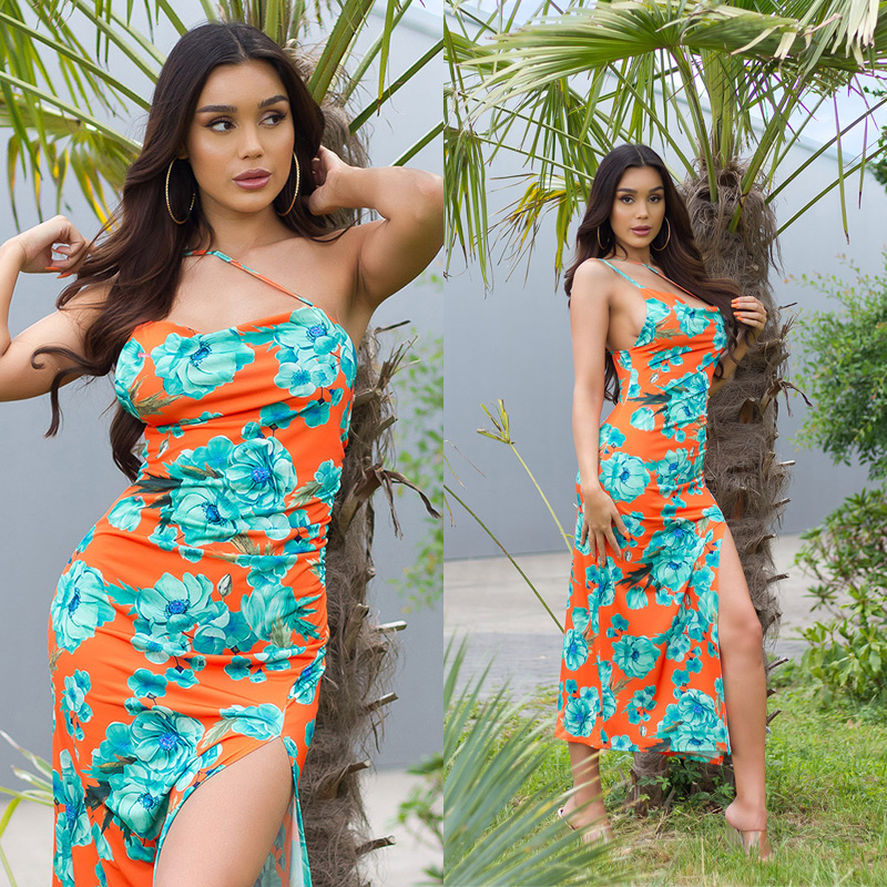 Rochie de vara Sexy cu XL crapatura pe piciorand imprimeu floral